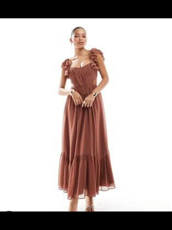 ASOS Dresses & Skirts - ASOS Women's Brown Flutter Sleeve Corset Cut Out Midi Skater Dress